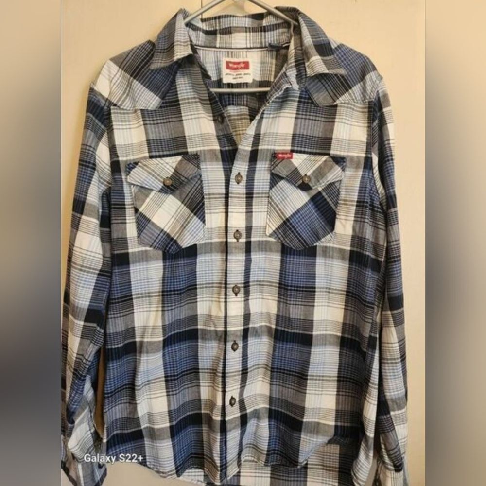 M38 Wrangler Blue, Black & White Plaid Western Shirt Button Up Long Sleeved